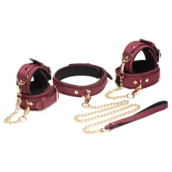 6-delige BDSM Suede Boeienset Met Collar En Riem - Bordeaux